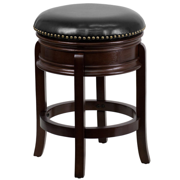 Cappuccino |#| 24inch High Backless Cappuccino Stool with Carved Apron & Black LeatherSoft Seat