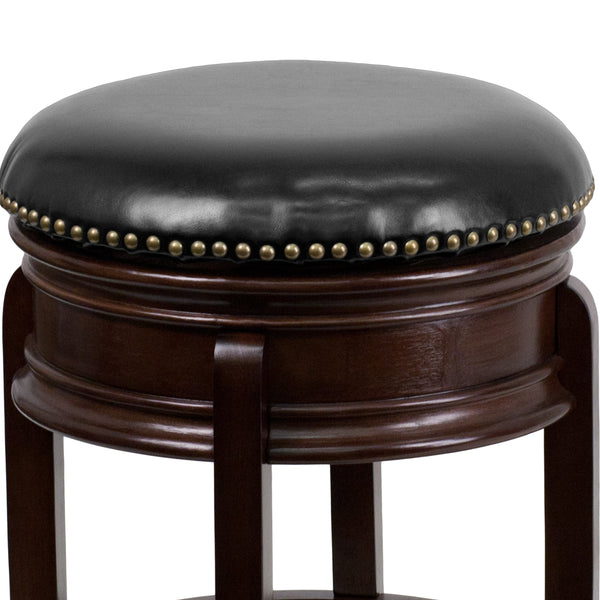 Cappuccino |#| 24inch High Backless Cappuccino Stool with Carved Apron & Black LeatherSoft Seat