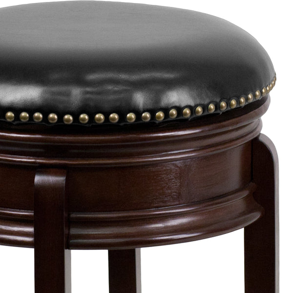 Cappuccino |#| 24inch High Backless Cappuccino Stool with Carved Apron & Black LeatherSoft Seat