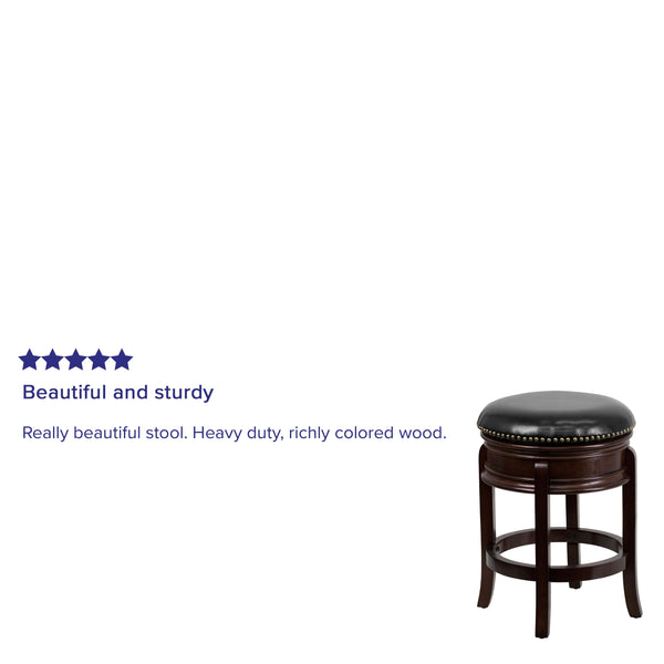 Cappuccino |#| 24inch High Backless Cappuccino Stool with Carved Apron & Black LeatherSoft Seat