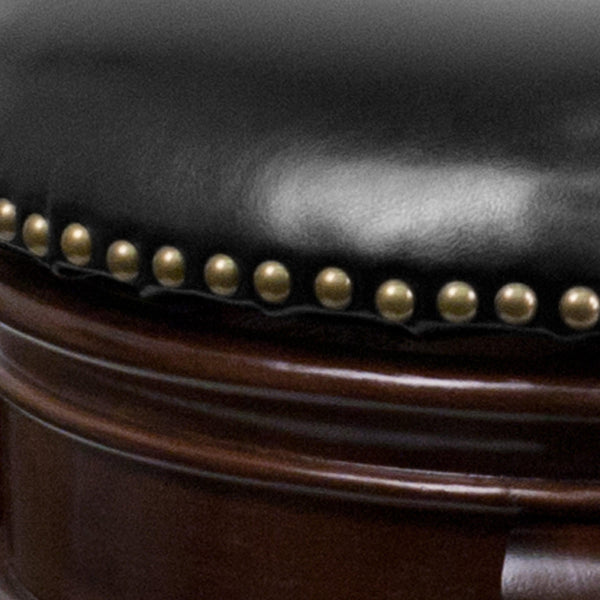 Cappuccino |#| 24inch High Backless Cappuccino Stool with Carved Apron & Black LeatherSoft Seat