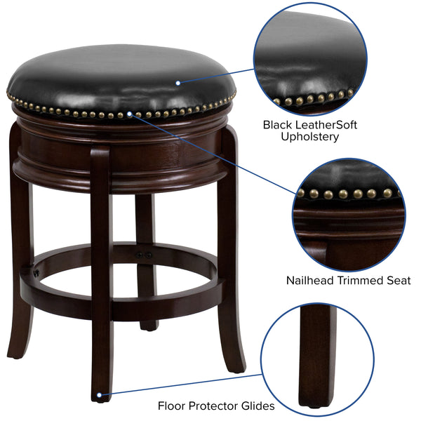 Cappuccino |#| 24inch High Backless Cappuccino Stool with Carved Apron & Black LeatherSoft Seat