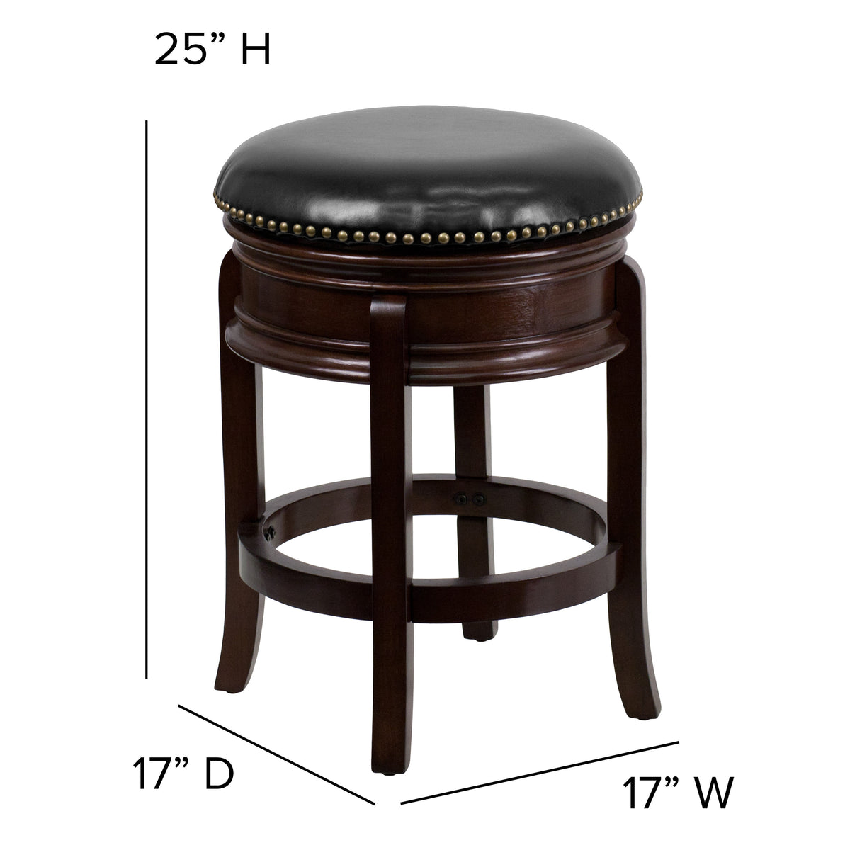 Cappuccino |#| 24inch High Backless Cappuccino Stool with Carved Apron & Black LeatherSoft Seat
