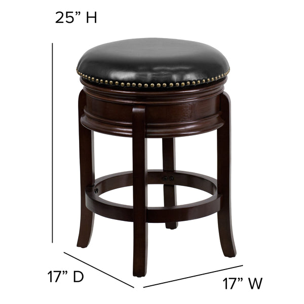 Cappuccino |#| 24inch High Backless Cappuccino Stool with Carved Apron & Black LeatherSoft Seat