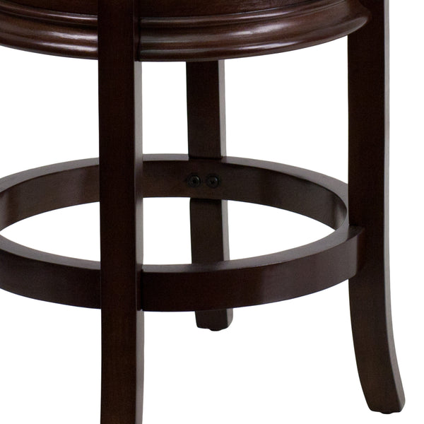 Cappuccino |#| 24inch High Backless Cappuccino Stool with Carved Apron & Black LeatherSoft Seat