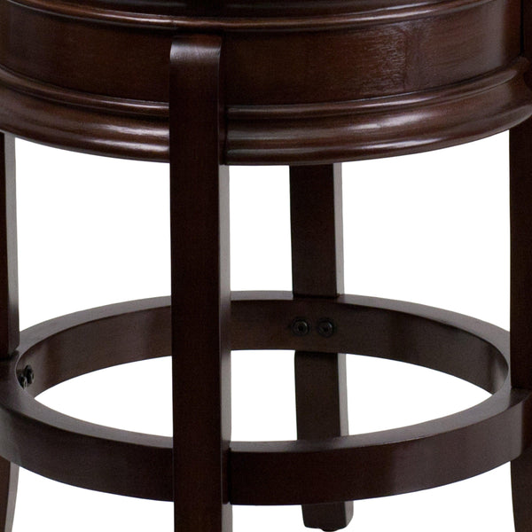 Cappuccino |#| 24inch High Backless Cappuccino Stool with Carved Apron & Black LeatherSoft Seat
