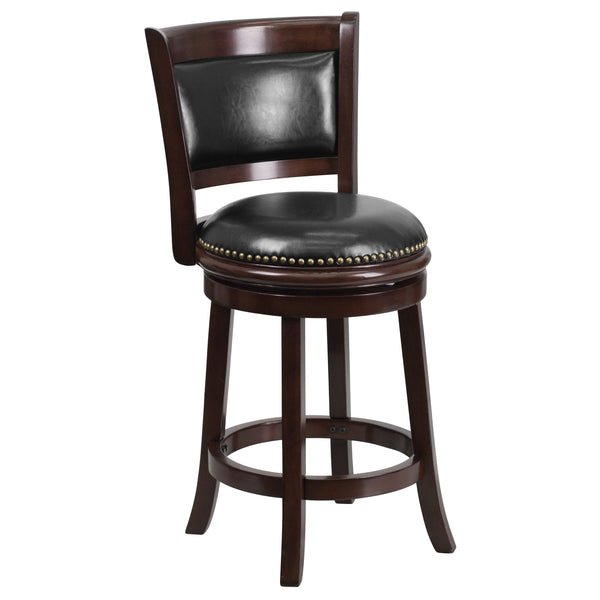 24inch High Cappuccino Wood Stool with Panel Back and Black LeatherSoft Swivel Seat