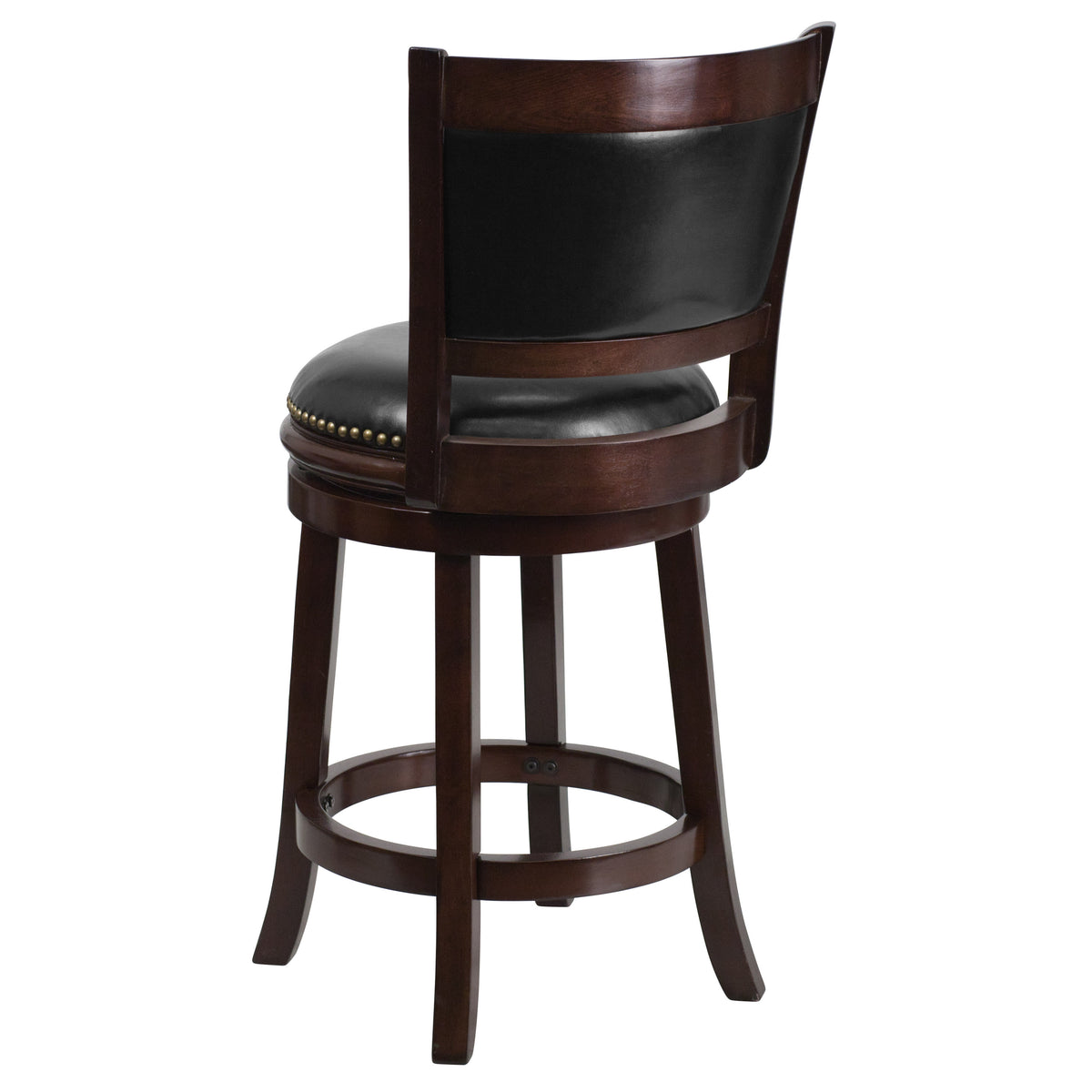 24inch High Cappuccino Wood Stool with Panel Back and Black LeatherSoft Swivel Seat