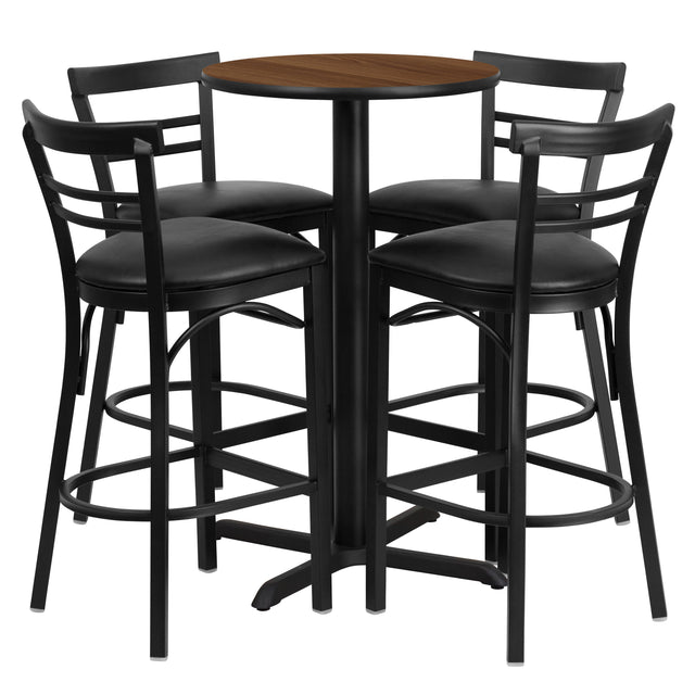24'' Round Laminate Table Set with X-Base and 4 Two-Slat Ladder Back Metal Barstools - View 1