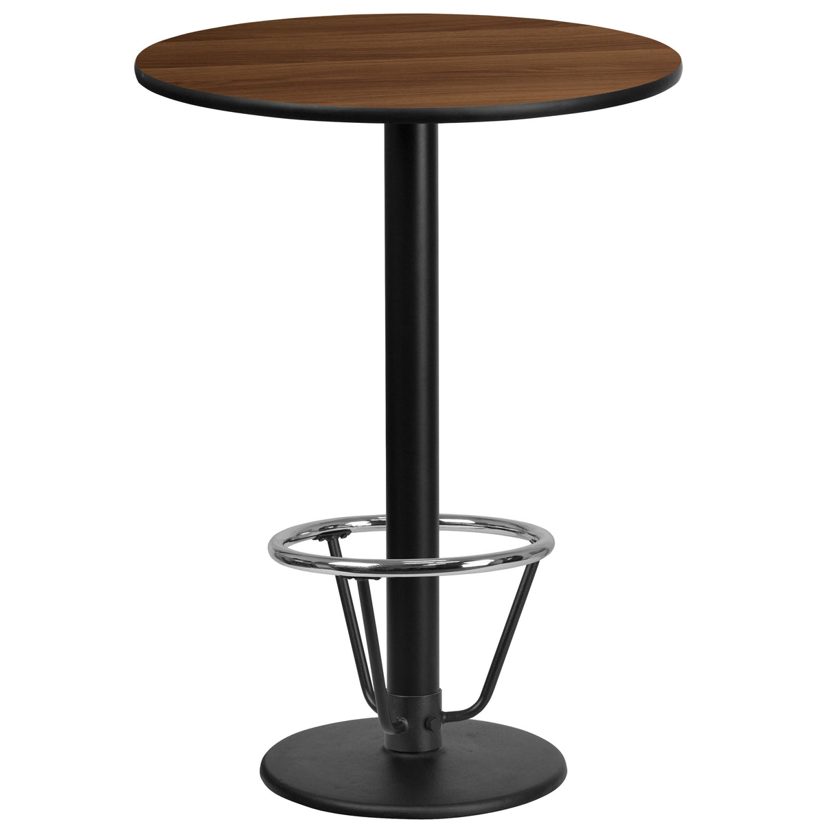 Walnut |#| 24inch Round Walnut Laminate Table Top & 18inch Round Bar Height Base with Foot Ring