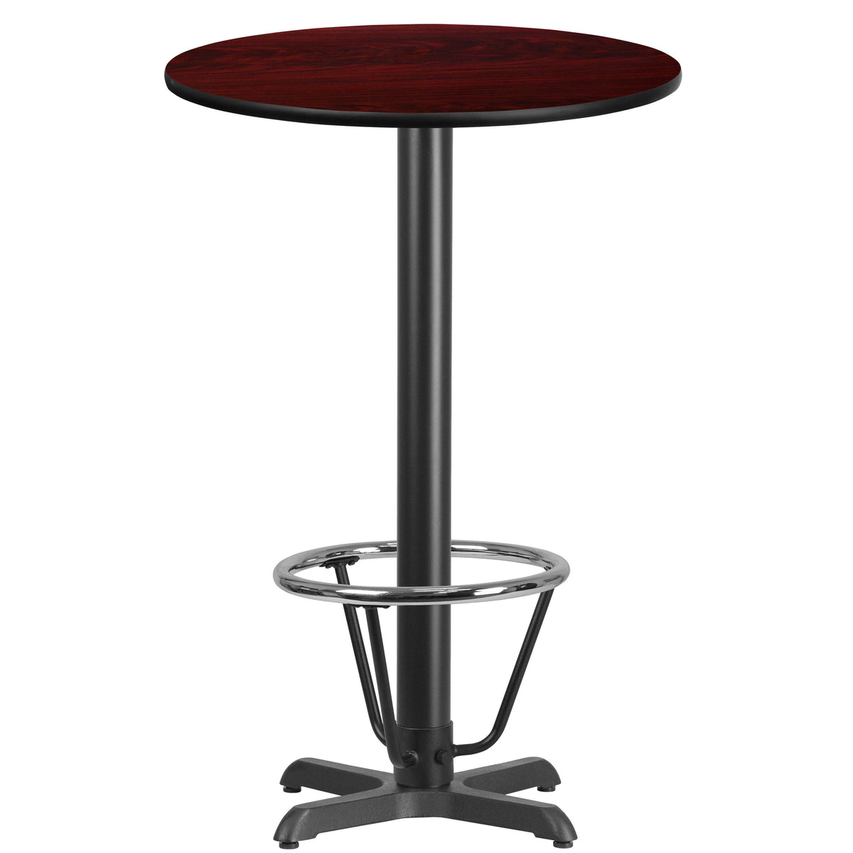 Mahogany |#| 24inch Round Mahogany Laminate Table Top & 22inchx 22inch Bar Height Base with Foot Ring