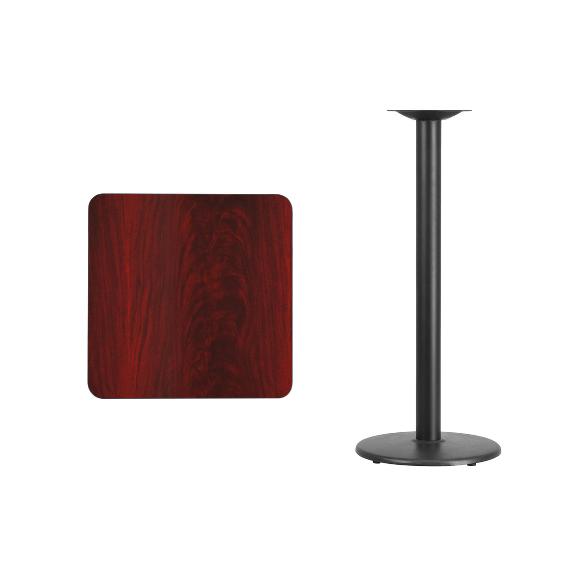 Mahogany |#| 24inch Square Mahogany Laminate Table Top with 18inch Round Bar Height Table Base