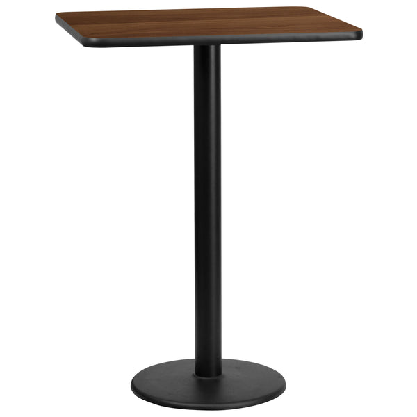 Walnut |#| 24x30 Rectangular Walnut Laminate Table Top & 18inch Round Bar Height Table Base