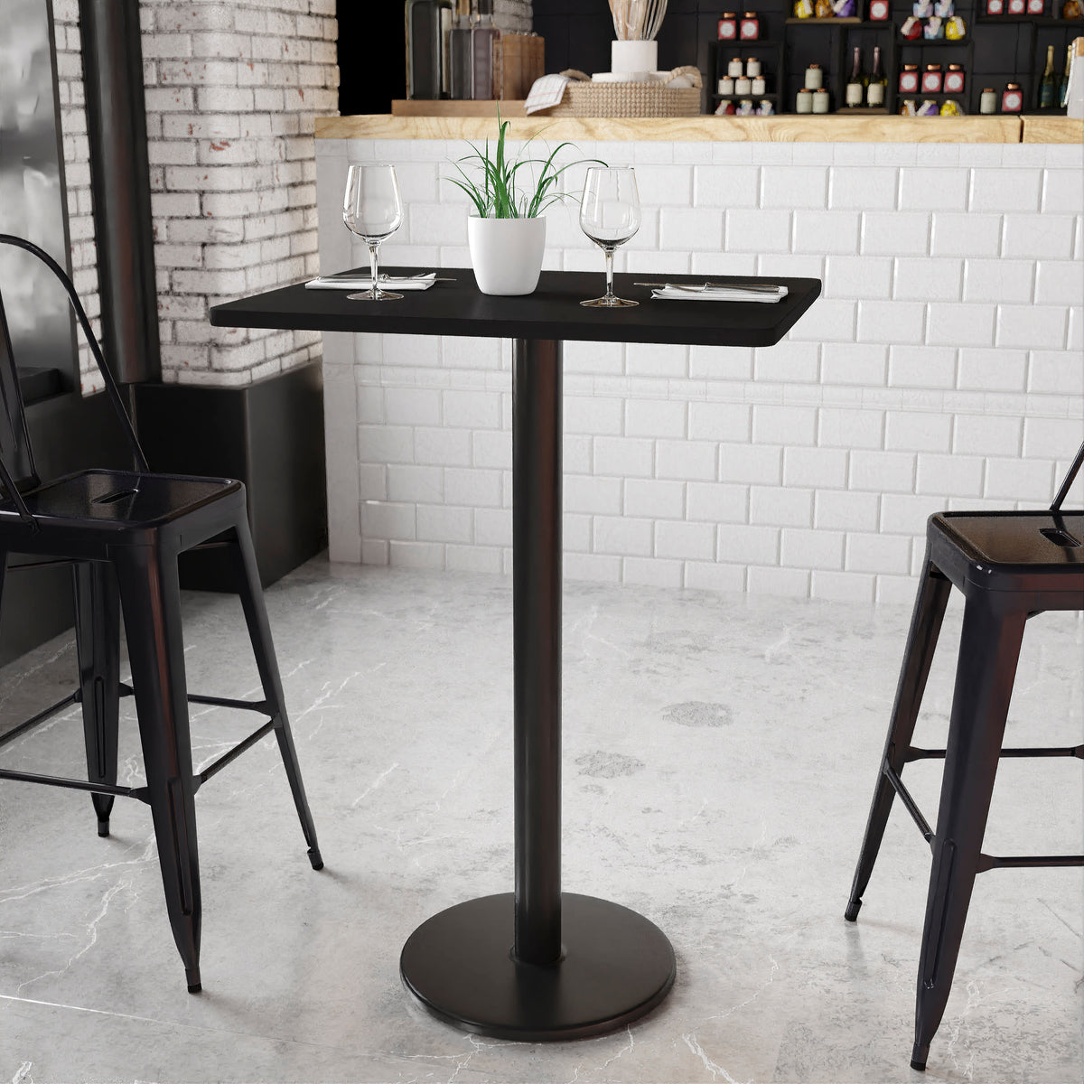 Black |#| 24" x 30" Rectangular Black Laminate Table Top & 18" RD Bar Height Table Base