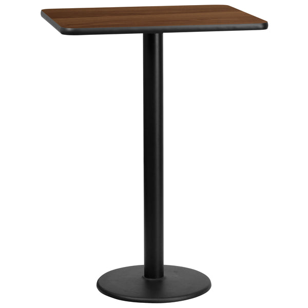 Walnut |#| 24x30 Rectangular Walnut Laminate Table Top & 18" Round Bar Height Table Base