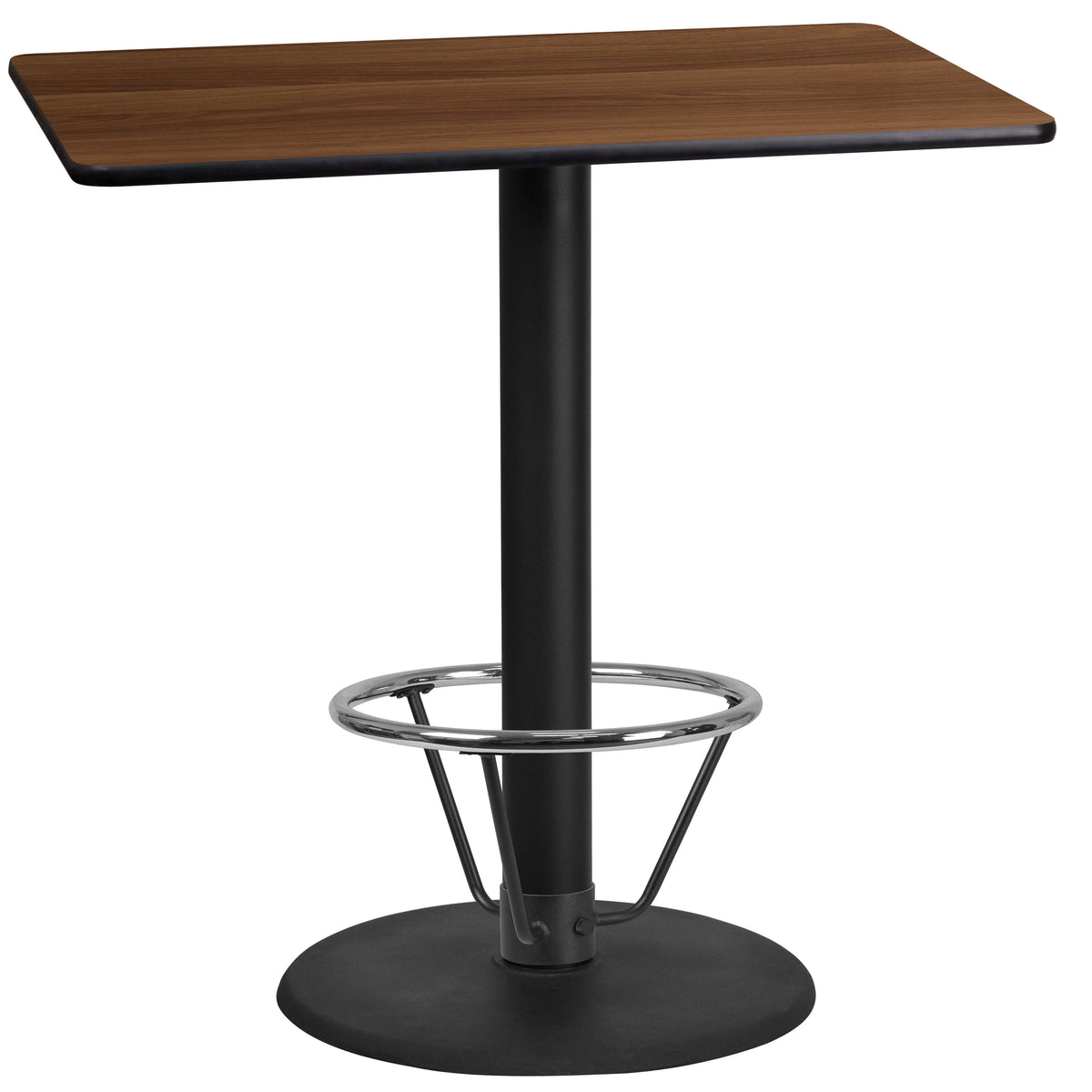 Walnut |#| 24inch x 42inch Walnut Laminate Table Top & 24inch Round Bar Height Base with Foot Ring