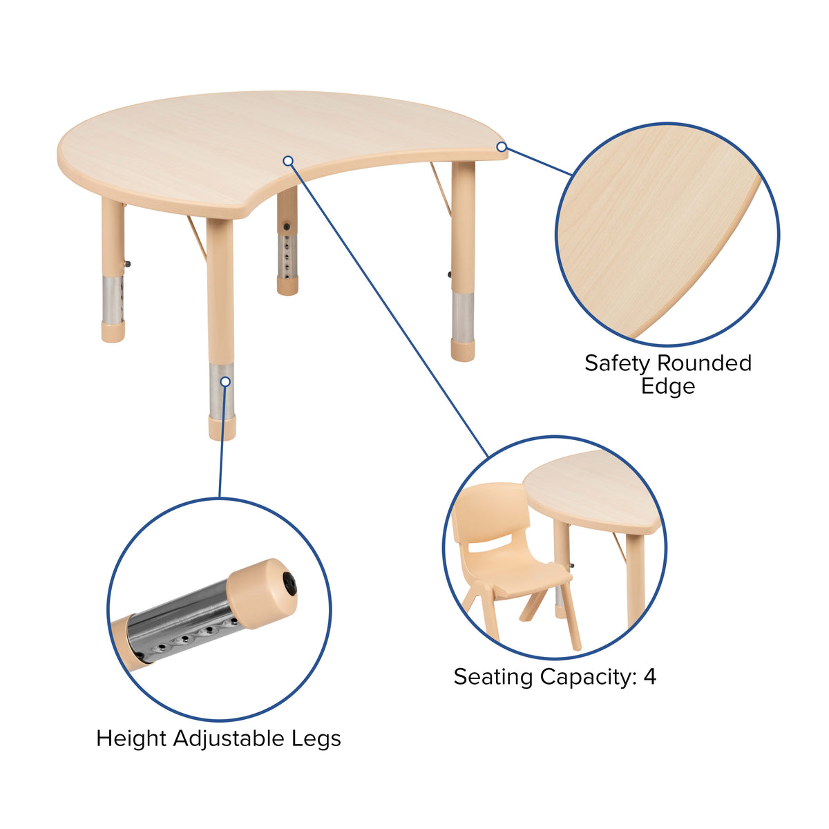 25.125inchW x 35.5inchL Crescent Natural Plastic Adjustable Kids Table Set - 4 Chairs