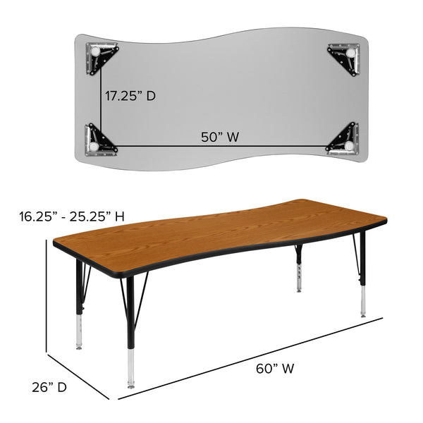 Oak |#| 26inchW x 60inchL Rectangular Wave Collaborative Oak Kids Adjustable Activity Table