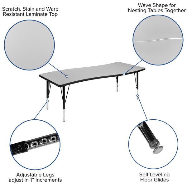 Grey |#| 26inchW x 60inchL Rectangular Wave Collaborative Grey Kids Adjustable Activity Table