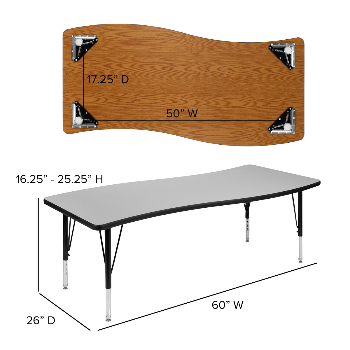 Grey |#| 26inchW x 60inchL Rectangular Wave Collaborative Grey Kids Adjustable Activity Table