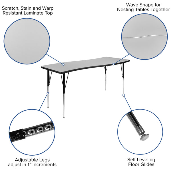 Grey |#| 26inchW x 60inchL Rectangular Wave Collaborative Grey Adjustable Height Activity Table