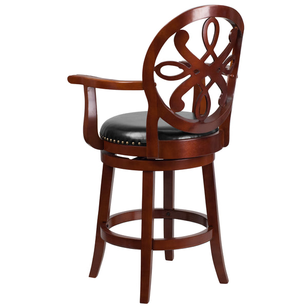 Cherry |#| 26inch High Cherry Wood Stool w/Arms, Carved Back &Black LeatherSoft Swivel Seat