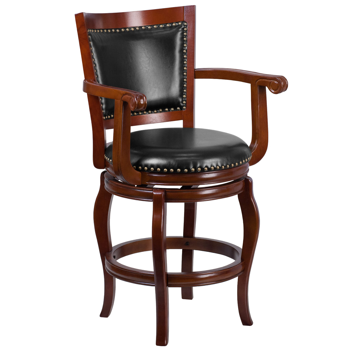 26inch High Cherry Wood Stool w/Arms, Panel Back &Black LeatherSoft Swivel Seat