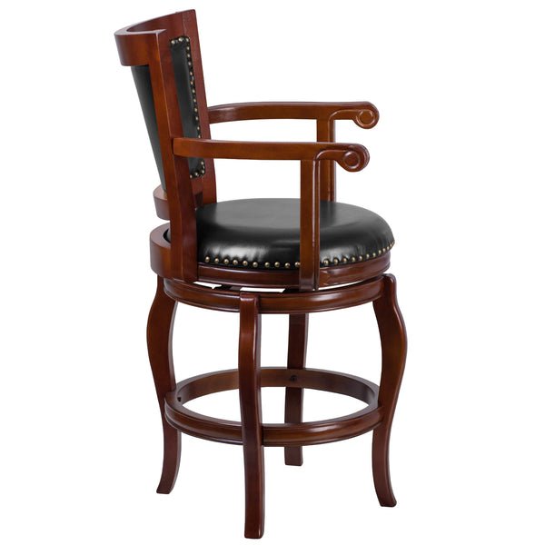 26inch High Cherry Wood Stool w/Arms, Panel Back &Black LeatherSoft Swivel Seat
