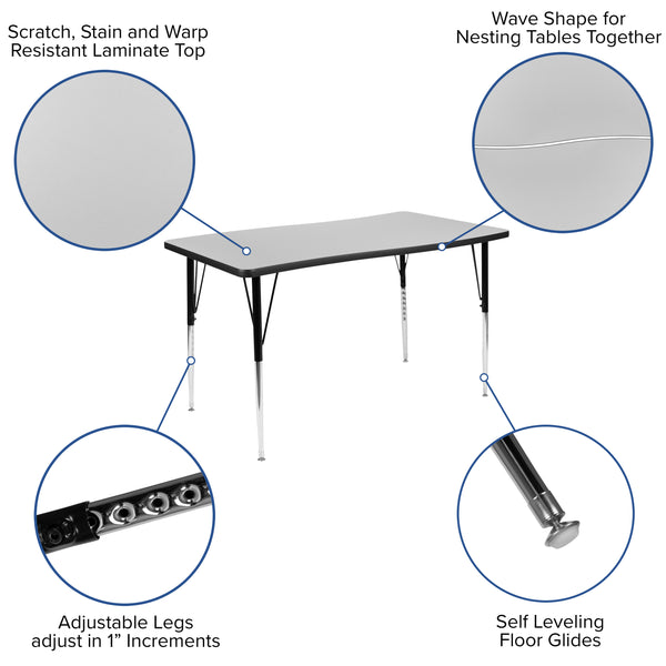 Grey |#| 28inchW x 47.5inchL Rectangle Wave Collaborative Grey Adjustable Height Activity Table