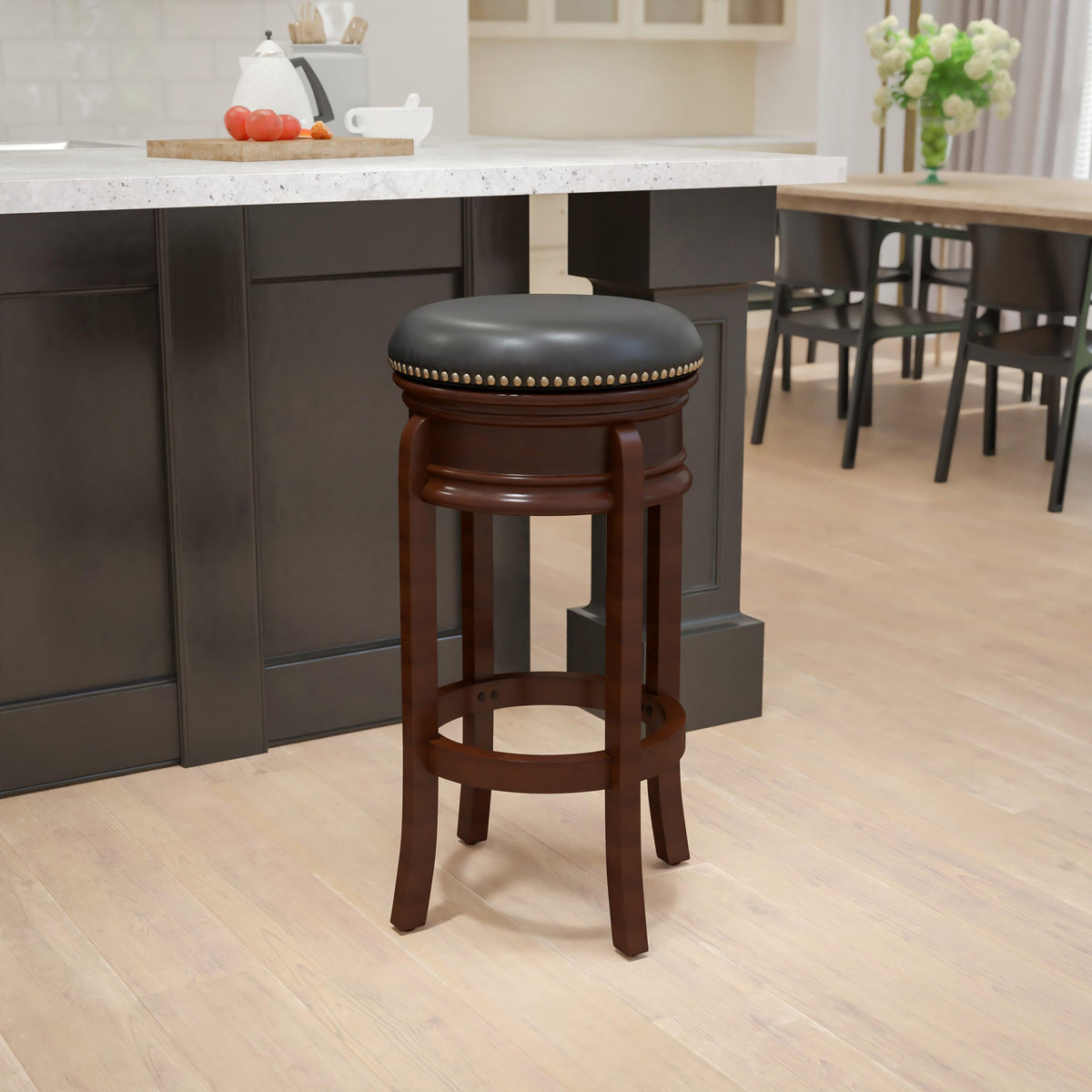 Cappuccino |#| 29inch High Backless Cappuccino Barstool with Carved Apron & Black LeatherSoft Seat