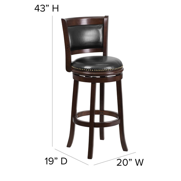 29inch High Cappuccino Wood Barstool w/Panel Back &Black LeatherSoft Swivel Seat