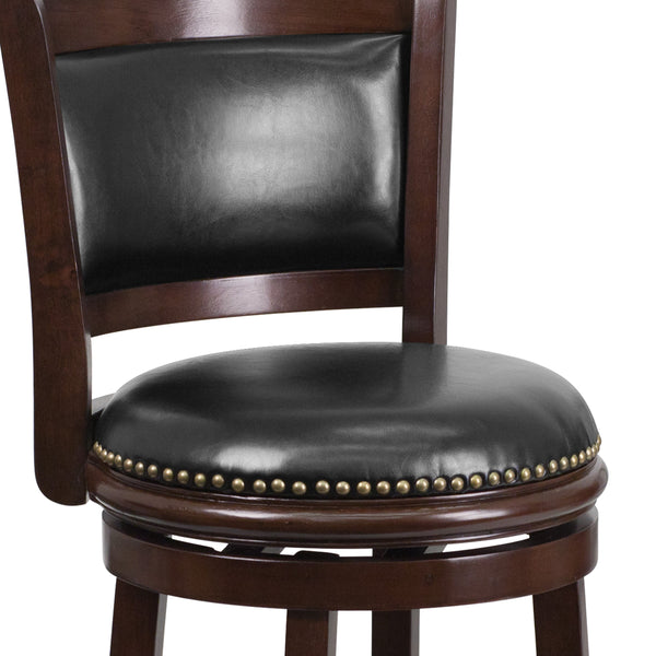 29inch High Cappuccino Wood Barstool w/Panel Back &Black LeatherSoft Swivel Seat