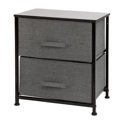 2 Drawer Wood Top Nightstand Storage Organizer with Cast Iron Frame and Dark Easy Pull Fabric Drawers
