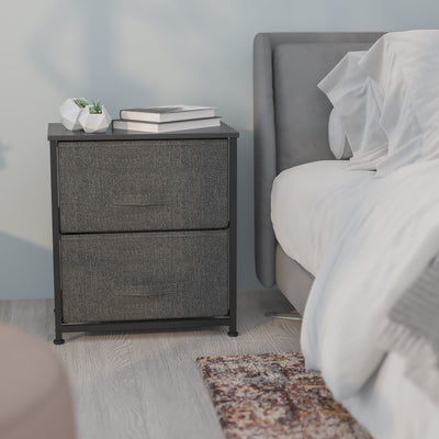 2 Drawer Wood Top Nightstand Storage Organizer with Cast Iron Frame and Dark Easy Pull Fabric Drawers - View 2