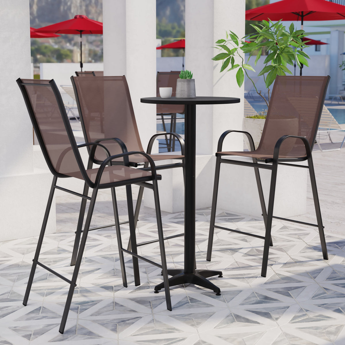 Brown |#| 2 Pack Brown Stackable Outdoor Barstools with Flex Comfort Material-Patio Stools