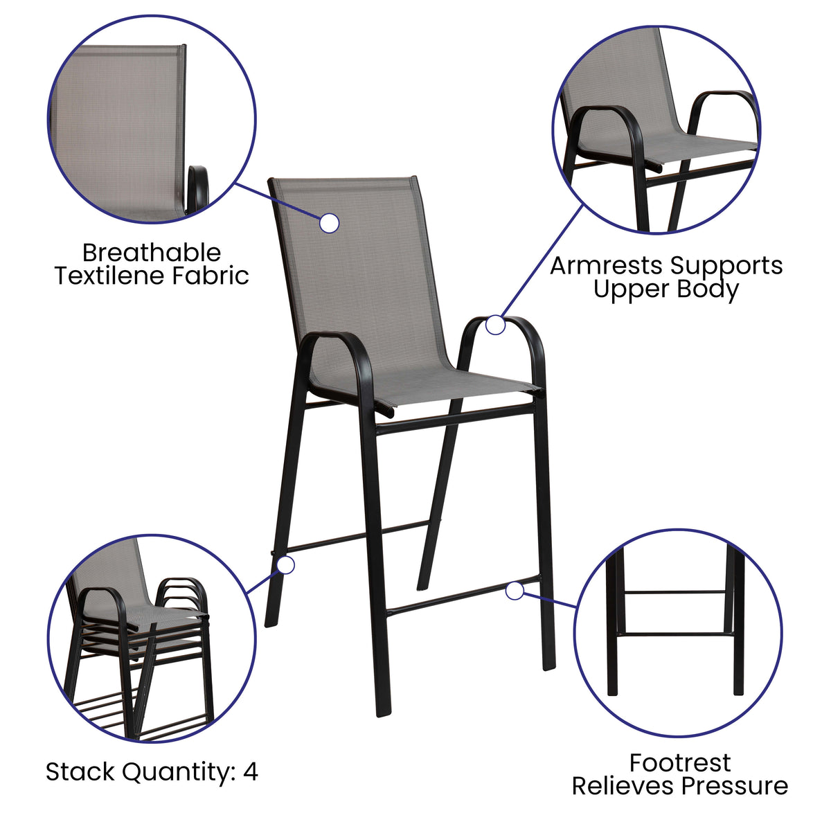 Gray |#| 2 Pack Gray Outdoor Barstools with Flex Comfort Material-Patio Stool