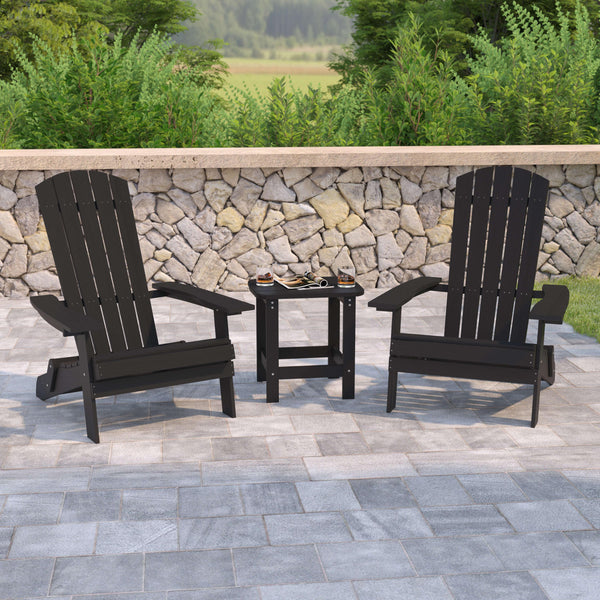 Black |#| Set of 2 Indoor/Outdoor Folding Adirondack Chairs with Side Table in Black