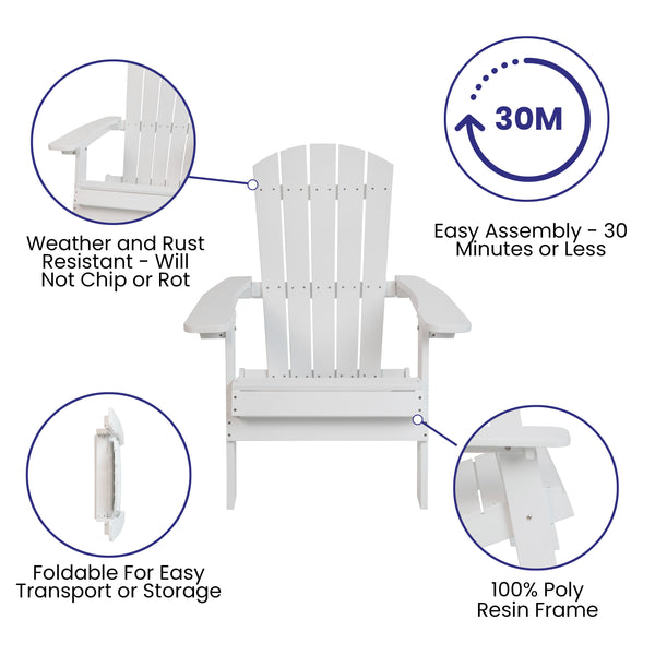 White |#| Set of 2 Indoor/Outdoor Folding Adirondack Chairs with Side Table in White