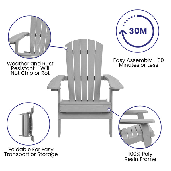 Gray |#| Set of 2 Indoor/Outdoor Folding Adirondack Chairs with Side Table in Gray