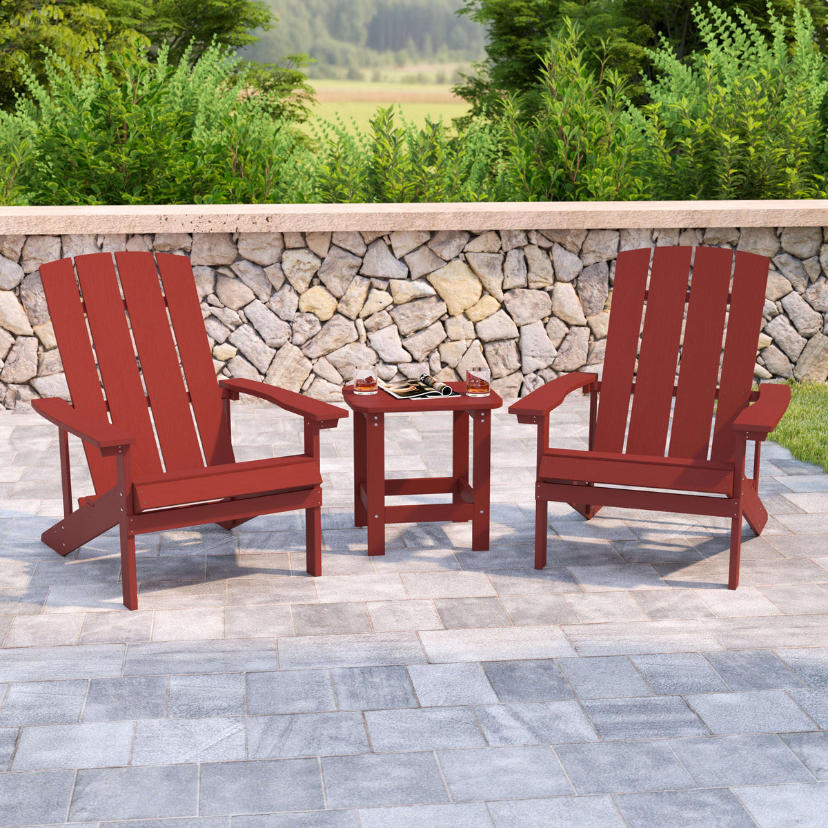 Red |#| Indoor/Outdoor Adirondack Style Side Table and 2 Chair Set in Red