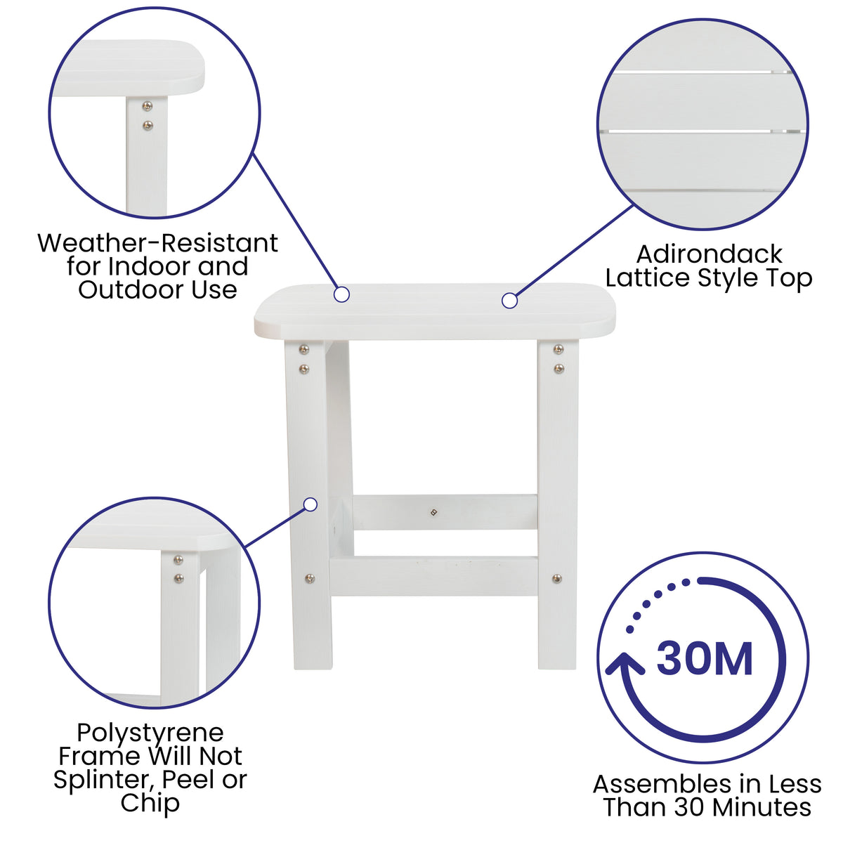 White |#| Indoor/Outdoor Adirondack Style Side Table and 2 Chair Set in White