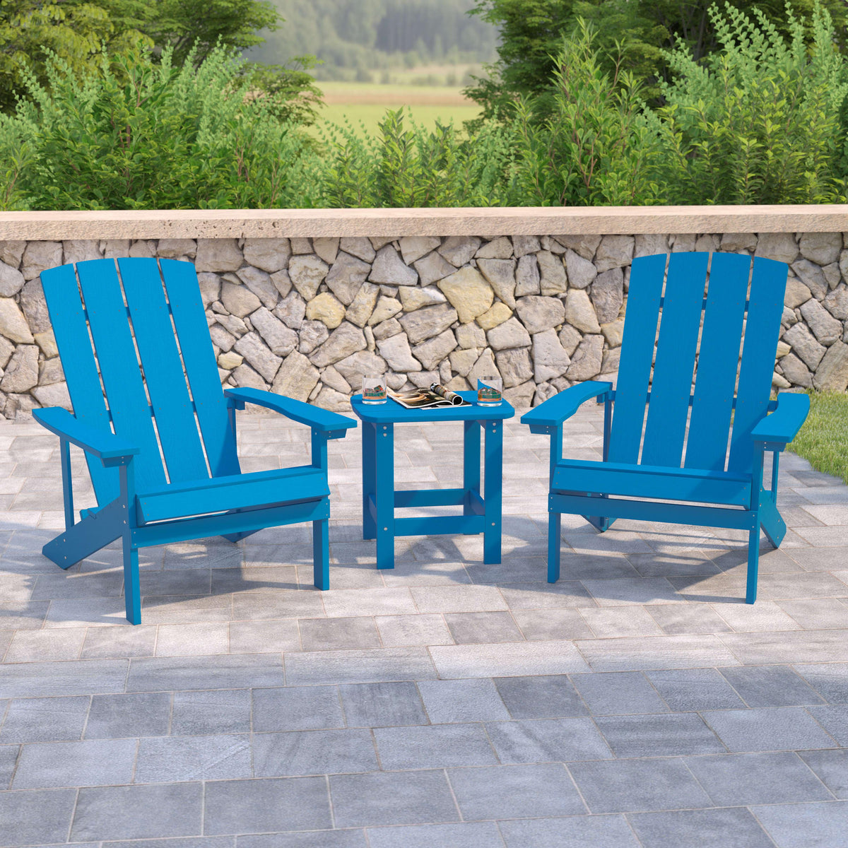 Blue |#| Indoor/Outdoor Adirondack Style Side Table and 2 Chair Set in Blue