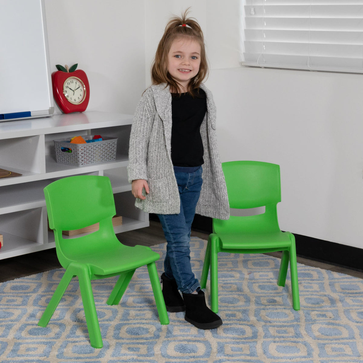 Green |#| 2 Pack Green Plastic Stackable School Chair with 10.5inchH Seat, Preschool Chair