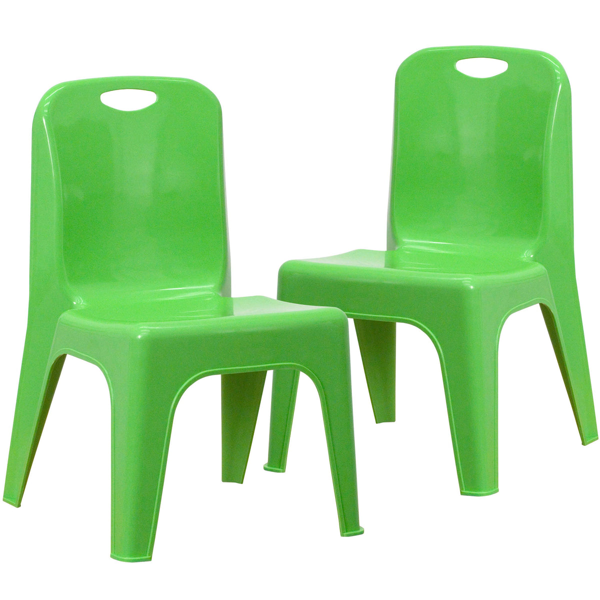 Green |#| 2 Pack Green Plastic Stackable School Chair with Carrying Handle and 11inchH Seat