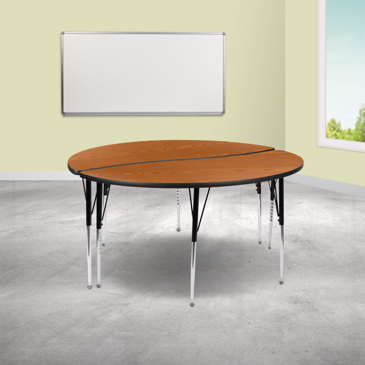 Oak |#| 2 Piece 60inch Circle Wave Flexible Oak Adjustable Activity Table Set