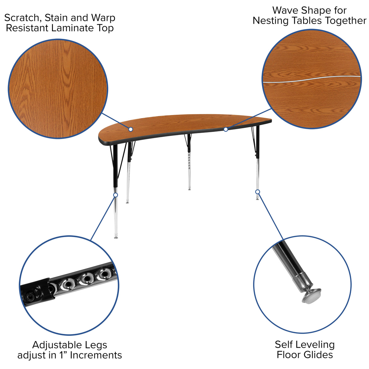 Oak |#| 2 Piece 60inch Circle Wave Flexible Oak Adjustable Activity Table Set