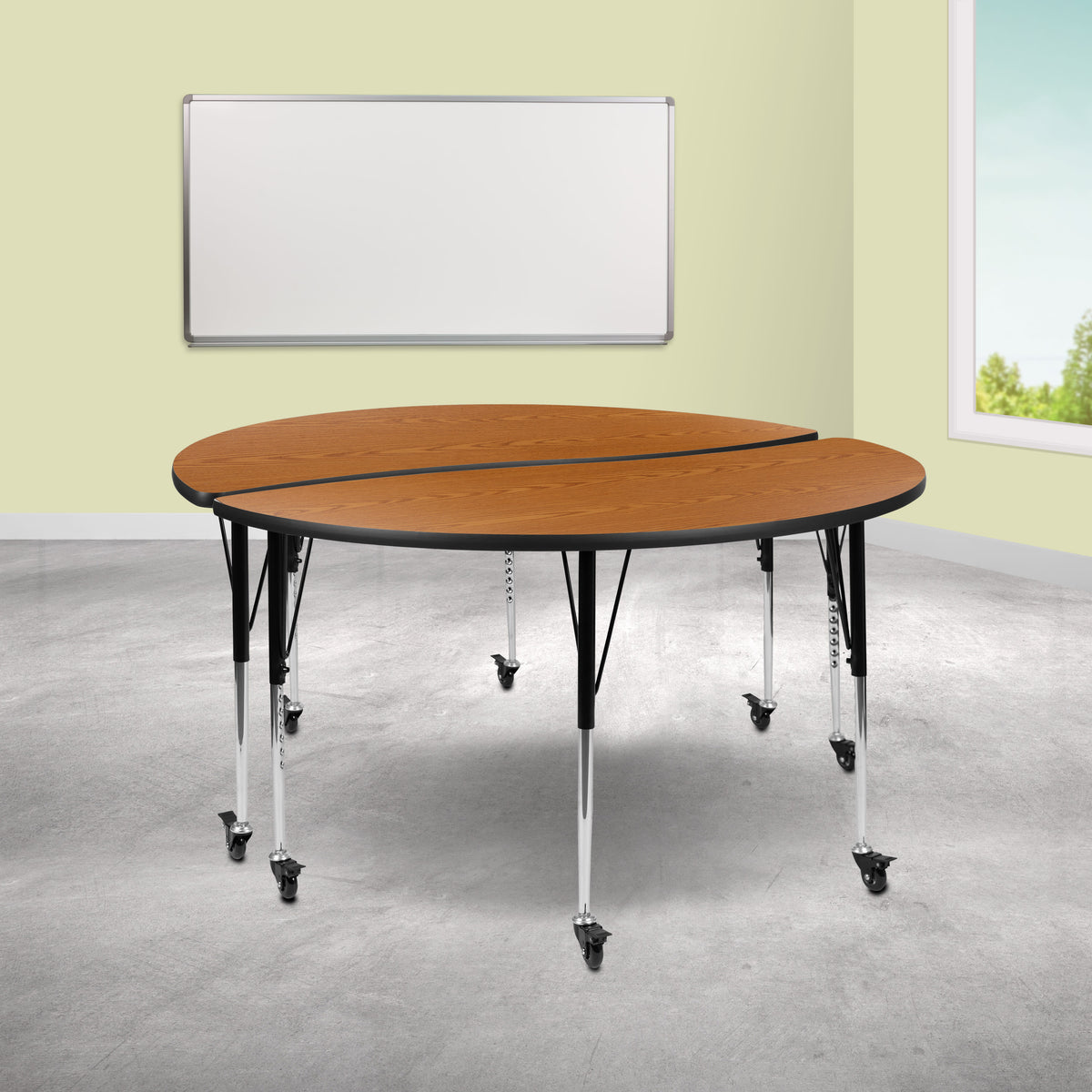 Oak |#| 2 Piece Mobile 60inch Circle Flexible Oak Adjustable Activity Table Set