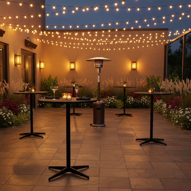 Bizchair-30-cocktail-tables-sol-patio-heater-outdoor-restaurant-patio-evening