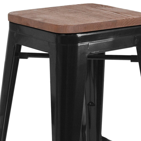 Black |#| 30inch High Backless Black Metal Barstool with Square Wood Seat