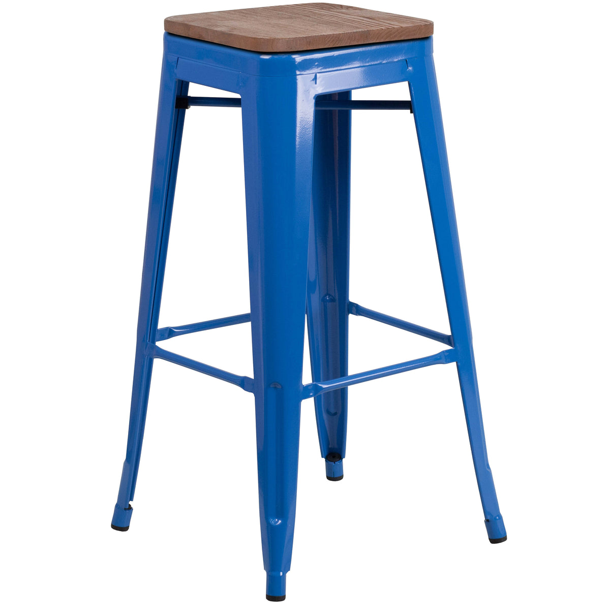 Blue |#| 30inch High Backless Blue Metal Barstool with Square Wood Seat - Kitchen Furniture